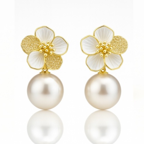 Kolczyki ze stali szlachetnej pozłacane 14k złotem, wiszące Perły z Kwiatem