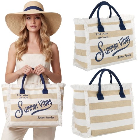 Torba plażowa duża na suwak biało - beżowa shopper bag - Peterson