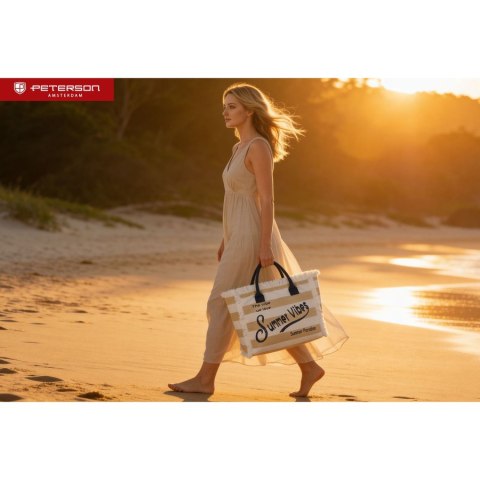 Torba plażowa duża na suwak biało - beżowa shopper bag - Peterson