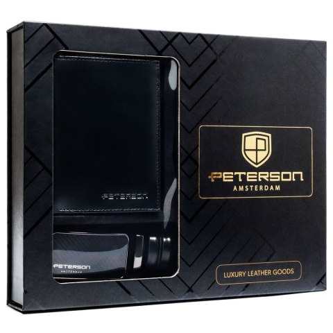 Zestaw prezentowy: portfel męski w czarnym kolorze i pasek ze skóry naturalnej - Peterson