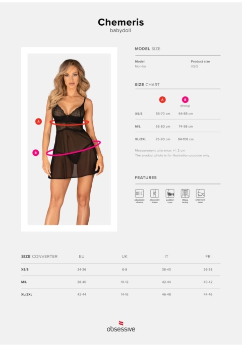 Babydoll i stringi Obsessive Chemeris czarny XS/S