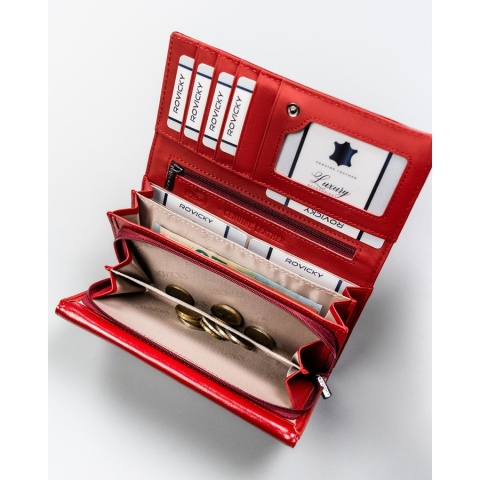 Duży, czerwony portfel damski ze skóry naturalnej i ekologicznej wyposażony w system RFID - Rovicky