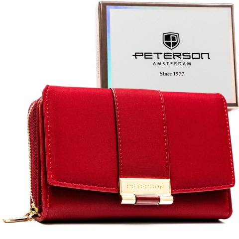Portfel damski wykonany ze skóry ekologicznej w czerwonym kolorze, model w orientacji poziomej - Peterson