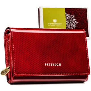 Skórzany, lakierowany portfel damski w czerwonym kolorze, wyposażony w kieszeń zewnętrzną - Peterson