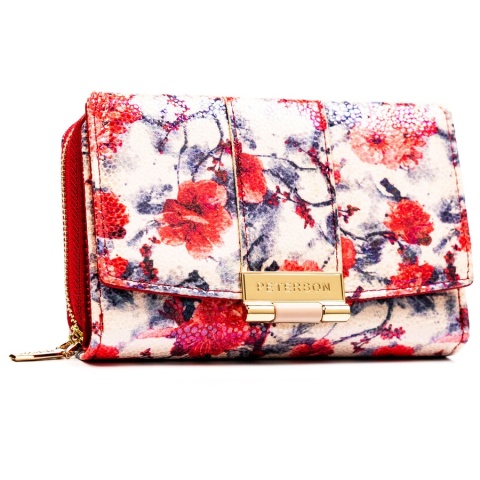 Wielokolorowy portfel damski wykonany ze skóry ekologicznej, ozdobiony kwiatowym wzorem - Peterson