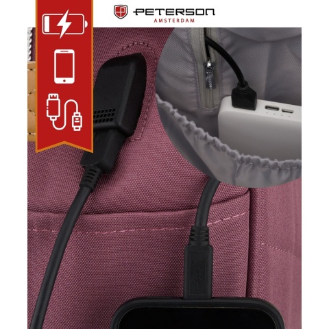 Fioletowy plecak damski z poliestru z miejscem na laptopa i portem USB - Peterson