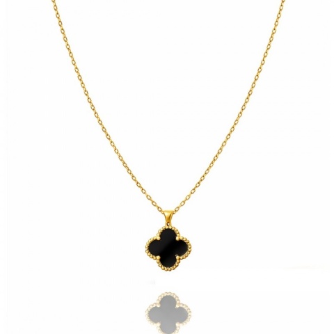 Naszyjnik stal szlachetna pozłacana 14k złotem, koniczynka czarna NST2253