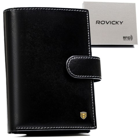 Skórzany, czarny portfel męski z zapięciem i systemem RFID - Rovicky