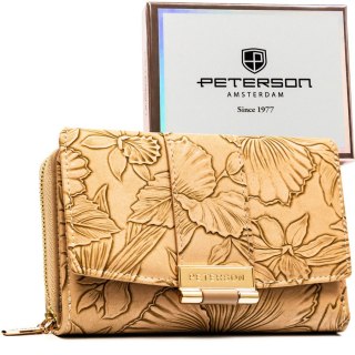 Elegancki portfel damski ze skóry ekologicznej w beżowym kolorze ze wzorem w kwiaty - Peterson