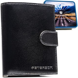 Portfel męski ze skóry naturalnej w czarnym kolorze z systemem RFID i w zestawie z brelokiem - Peterson