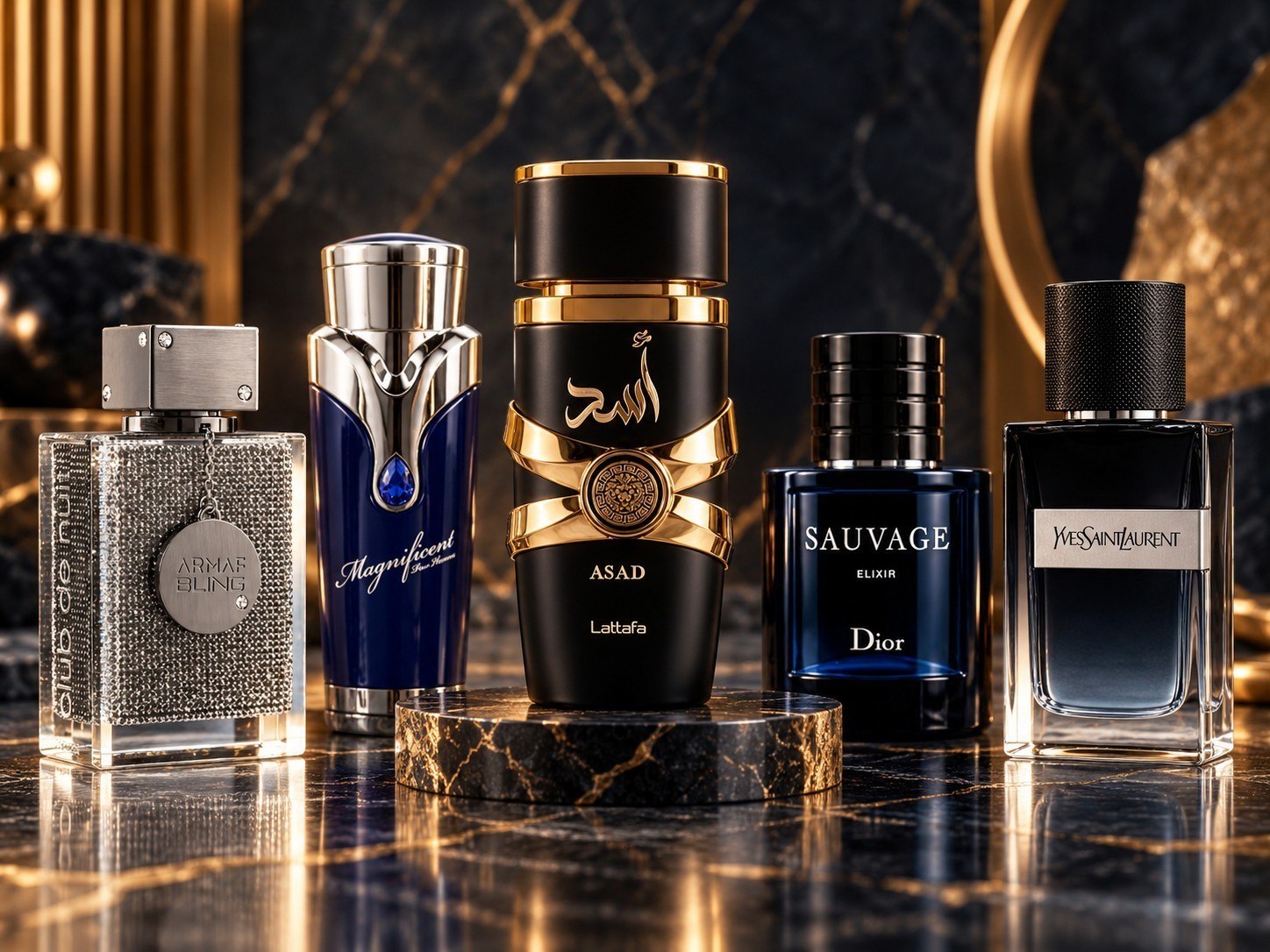 Arabskie odpowiedniki perfum męskich – Lattafa Asad, Armaf, Dior Sauvage Elixir i Yves Saint Laurent w eleganckim porównaniu zapachów